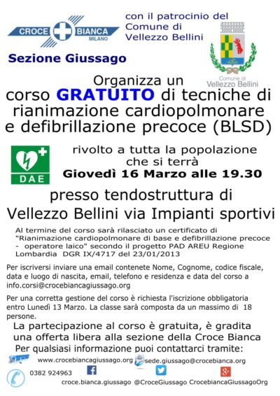 Corso defibrillatore gratuito Vellezzo Bellini ed.2